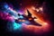 fantastic spaceship flying past cosmic nebula, with its colorful and starry backdrop