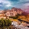 Fantastic spring landscape during sunset. Colorful sky glowing by sunlight. Dramatic morning scene. Majestic Dolomites Rock