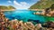 Fantastic spring view of Pirates Bay, Porto Timoni, Afionas village location. Nice morning seascape of Ionian Sea. Colorful