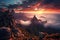 Fantastic sunrise in the mountains. Dramatic scene. Beauty world, Mountain top landscape view with clouds at sunset, AI Generated