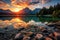 Fantastic sunset at lake Eibsee in Bavaria, Germany, Impressive summer sunrise on Eibsee lake with Zugspitze mountain range, AI