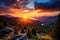 Fantastic sunset in the mountains. Dramatic scene. Carpathian, Ukraine, Europe. Beauty world, Sunset in the Carpathian Mountains