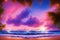 Fantastic sunset on a tropical paradise beach. Incredible amazing colorful sky, pink purple clouds on blue starry sky background.