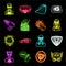 A fantastic superhero neon icons in set collection for design. Superhero`s equipment vector symbol stock web