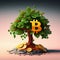 Fantastic tree with leaves logos bitcoins, symbol of cryptocurrency, e-currency