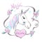 Fantastic unicorn with rainbow colors mane and horn. Vector cute illustration with Magic dreams text.