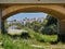 Fantastic View of different houses and the meadow from over the bridge in Sitges, Spain in a sunny spring day