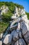 Fantastic view of green trees growing on rocks in south of Russia. Amazing natural quartz sandstone