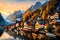 Fantastic view of Hallstatt village at sunrise, Austria