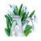 Fantastic watercolor fairytale house and garden watering can with snowdrops and yellow flowers on a white background