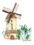 Fantastic watercolor fairytale house and mill illustration set of children's fairytale with snowdrops on a white