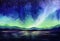 Fantastic watercolor landscape of polar night at mountains. Blue and green starry sky, gradient layers of mountain ranges and dark