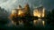 Fantastic white castle on lake at autumnal cloudy morning, neural network generated art