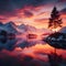 Fantastic winter landscape. Dramatic colorful sunset over mountain lake.