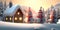 Fantastic winter landscape with glowing wooden house in snowy forest. Snoman Christmas holiday concept