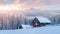 Fantastic winter landscape with wooden house in snowy mountains