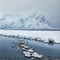 Fantastic winter scene of Rolvsfjorden on Vestvagoy island with snowy  mountain peaks on Lofoten Islands