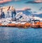 Fantastic winter sunrise on Gravdal bay. Colorful morning scene of popular tourist destination - Lofoten Islands.