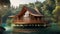 A fantastic, wooden house stands on an island among trees and water