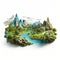 Fantastical 3d Landscape With Mountains, Forests, And Rivers