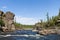 Fantastical cliffs of river rapid. Eastern Siberia.