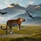 A fantastical combination of a tiger and a bird, with striped fur and majestic wings, roaming through a surreal landscape1, Gene