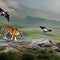 A fantastical combination of a tiger and a bird, with striped fur and majestic wings, roaming through a surreal landscape5, Gene