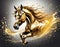 A fantastical, glowing conceptual illustration of a golden powerfully muscular stallion galloping through splashing iridescent