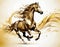 A fantastical, glowing conceptual illustration of a golden powerfully muscular stallion galloping through swirling iridescent