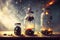 Fantastical Panorama of Alchemical Symbols, Glowing Jars, and Burning Candles. AI generated