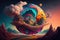 Fantastical planet with swirling clouds and colorful landscapes