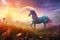 A fantastical scene of a unicorn grazing in a meadow under a rainbow, AI GEnerated