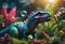 fantastical, vibrant dinosaur sits amidst a magical ecosystem of glistening plants and bubbles, creating a vivid, otherworldly