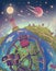 Fantasy 3d Earth landscape painting with Moon, Saturn and stars in space, seascape vector illustration, globe drawing as nature.