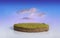 Fantasy 3D rendering circle podium grass field, paradise round soil cross section isolated on surreal purple evening sky