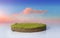 Fantasy 3D rendering circle podium grass field, paradise round soil cross section isolated on surreal purple sunset sky