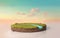 Fantasy 3D rendering circle podium grass field with river, surrealism round soil cutaway on surreal cyan dusk sky