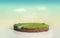 Fantasy 3D rendering circle podium grass field with river, surrealism round soil cutaway on surreal cyan twilight sky