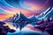 Fantasy abstract winter landscape with mountains, snow, and lake at sunset. tropical island horizon, generative ai