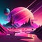 Fantasy alien planet in space. Mountain and sunset. 3D illustration Generative AI