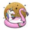 Fantasy animal unicorn on flamingo inflatable circle.