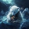 Fantasy Art Background with a Polar Bear Playing a Violin in the Water inside an Ice Cave