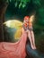 Fantasy art portrait red-haired woman fairy sits on log, creative design costume butterfly wings bright glow. Elf girl