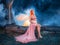 Fantasy art portrait red-haired woman fairy sits on log, creative design costume butterfly wings bright glow. Elf girl