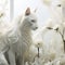 Fantasy art of a white cat in a plain white fantasy setting. Closeup portrait of a white tiger with beautiful milk-colored flowers