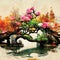 Fantasy artwork of oriental autumn garden with beautiful colorful trees and a lake