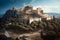 Fantasy Athens landmark Acropolis and the Odeon of Herodes Atticus, Herodeion, just after the sunrise. Neural network AI