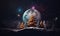 Fantasy background with Christmas night. Winter forest with fantastic moon and lights. Christmas background