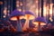 Fantasy background with magical luminous mushrooms in the forest