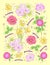 Fantasy background for modern print with beautiful spring flowers and lettering. Illustration with scattered plants for clothes